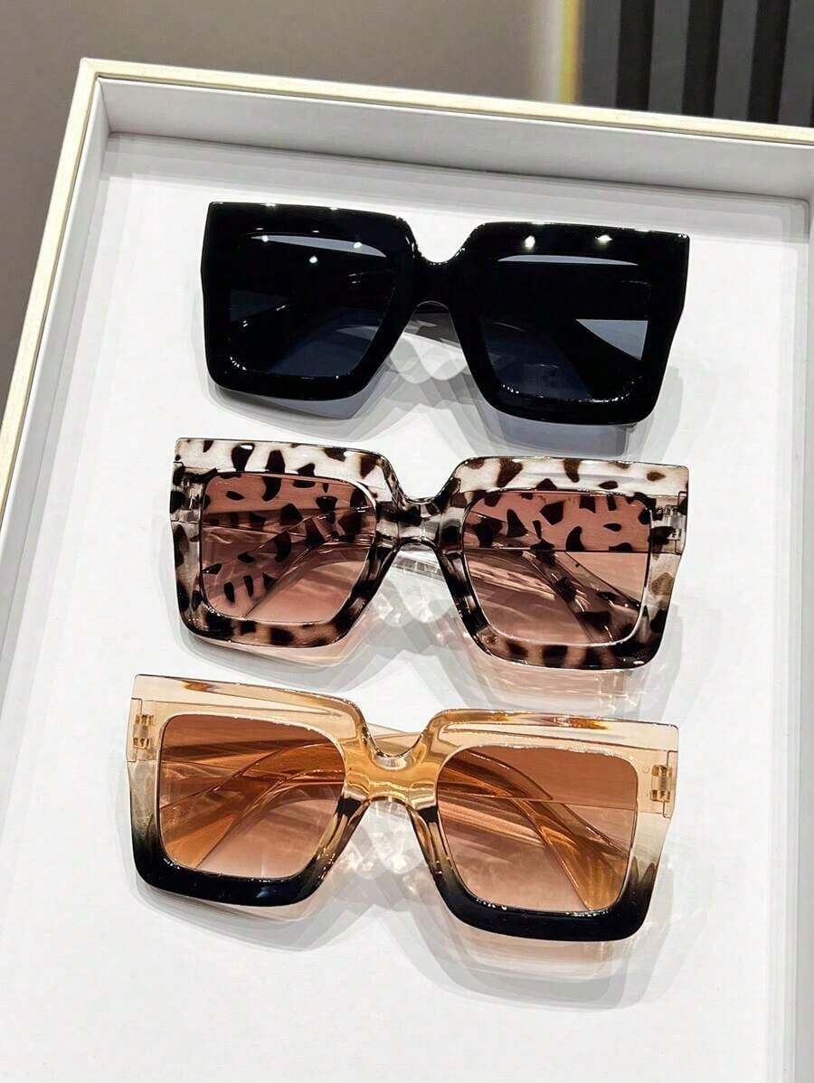 1pc Retro Square Oversized Leopard Print Boho Style Plastic Glasses Sets, Classic Fashion Decoration For Outdoor Travel Beach - màu đen - Xem 1