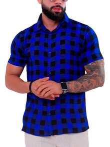 Men's Short-Sleeved Plaid Shirt For June Festivals, Viscose Linen - 藍色 - 查看 2