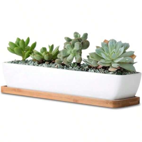 11inch Long Rectangle White Ceramic Succulent Planter Pots Mini Flower Plant Containers With Bamboo Saucers. Product Size:11x2.36x1.77inchnot Include The Plant. Long Rectangle