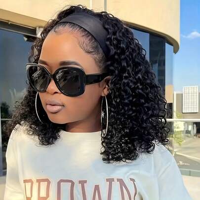 [Perruque bandeau bouclée courte] Noir naturel, cheveux courts bouclés, perruque bandeau à densité de 150%, perruque en cheveux humains, pour femme, perruque coupe pixie, perruque sans colle, facile pour les débutants