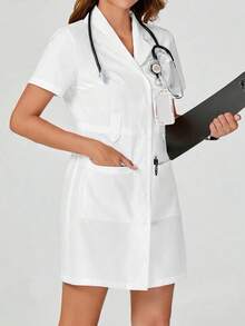 White Lapel Short Sleeve Multi-Pocket Jacket, Fashionable Workwear Jacket For Lab, Maternity Center, Commuting - White - View 5