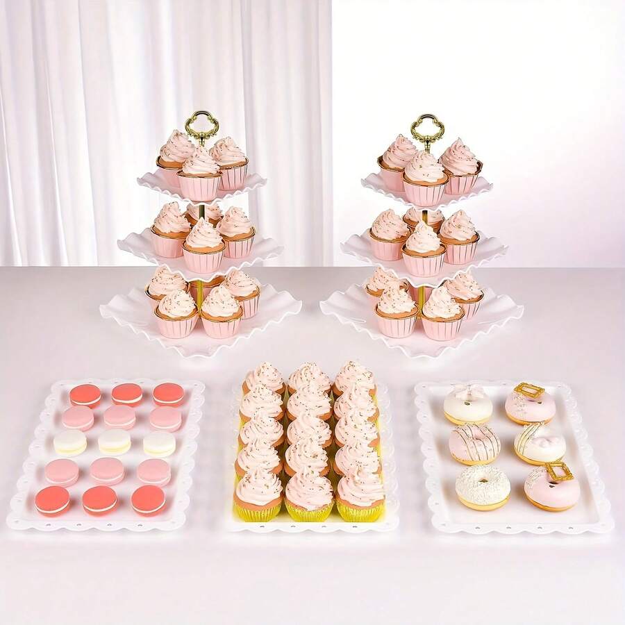 5 Piece Cake Stand Set With 2 X Large 3-Tier Cupcake Stands, 3 X Appetizer Trays, For Wedding Birthday Baby Shower Tea Party Decorations - White - View 1