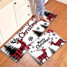 2/3pcs Christmas, Deer, "Merry Christmas!" Pine Trees, Snowflakes, Red And Black Checks, Christmas-Themed Style Flannel Soft Kitchen Rugs Non Slip Washable, Throw Mat, Non-Skid Runner Mat, Floor Mat, Doormat, Living Room Laundry Bathroom Water-Ab