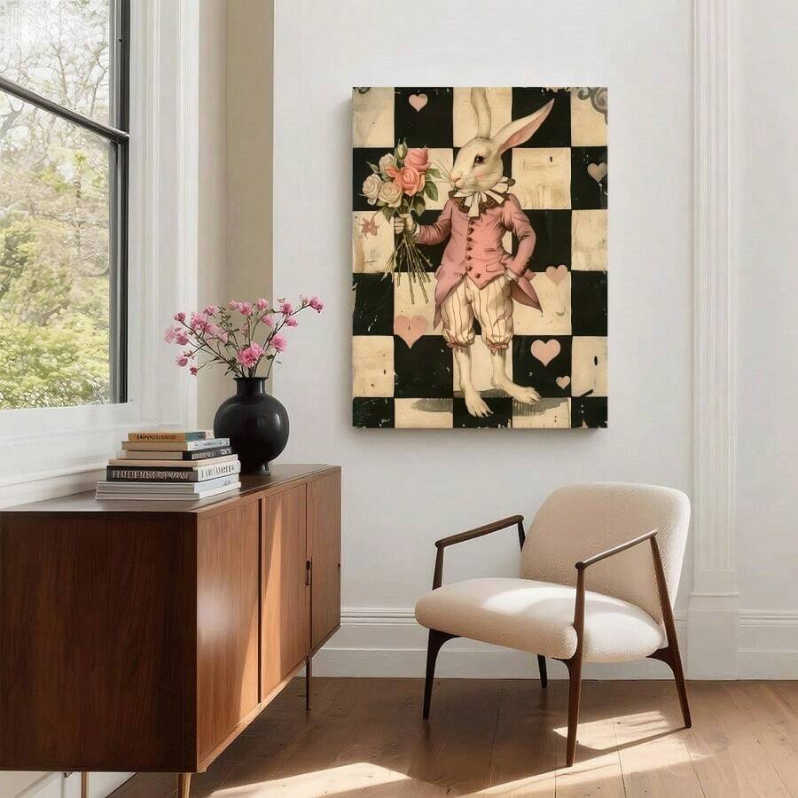 1PC White Rabbit Canvas Print - Elegant Dressed Rabbit With Bouquet - Modern Wall Art Poster For Living Room, Bedroom - Gift-Ready Unframed Abstract Oil Painting Style Poster - Multicolor - View 1