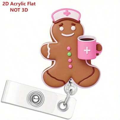 [2D Plano] Porta-crachá retrátil fofo em formato de boneco de gengibre - Porta-crachá durável em acrílico para enfermeiros, funcionários de escritório e estudantes. Ideal para escritório, material escolar e profissional, material de volta às aulas, presentes de Natal e brindes para equipes da área da saúde.