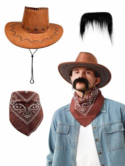 3pcs Western Cowboy Costume Set - Laser Cut Fake Mustache, Fringed Headband, And Hat With Bullet Belt Loops - Instant Wild West Look, Suitable For Halloween, Christmas, Cosplay, Holiday Parties, Cowboy Role Play, And Theme Parties
