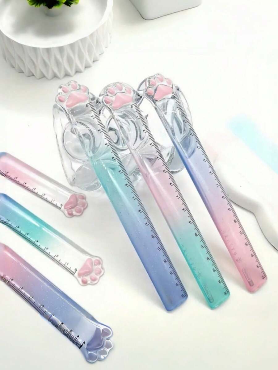 3 piezas/1 pieza Regla con forma de pata de gato, regla de dibujo transparente, regla de plástico de color degradado, artículos de papelería, marcador de libros creativo de dibujos animados, regla de planificador rosa, herramienta de medición de dibujo, premio regalo - Multicolor - Ver 1