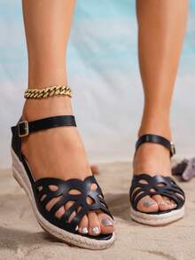 女士黑色皮革镂空透气休闲度假编织草绳坡跟凉鞋 - 黑色 - 查看 9