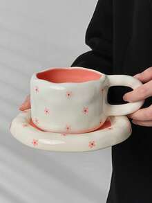 1 set Taza y platillo de cerámica pintados a mano de manera adorable - Diseños de corazón, cereza y floral para café, té, decoración del hogar y regalos