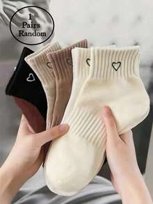 1/5/10/20 Pairs Of Random-Style Forest-Colored Waist-Binding Socks With Hearts, Comfortable, Simple, Sporty, Casual, Everyday, All-Season, Unisex, Short Socks - Multicolor - View 5