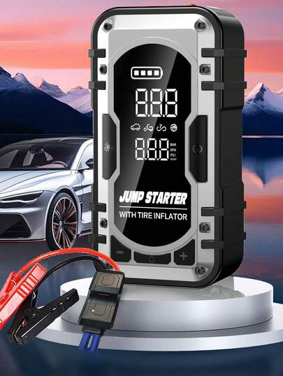 Arrancador con compresor de aire, arrancador de batería de coche de 3000A portátil (para motor de 6.5L) con inflador de neumáticos inalámbrico de 150PSI con apagado automático, arrancador de 12V para vehículos compactos, equipado con luces LED y banco de energía