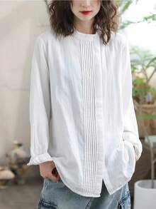 Solid Color Casual Loose Side Pleated Collar Blouse - White - View 2