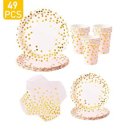 Gold Polka Dot Petal Shaped Disposable Plate, Napkin And Cup Set, Plates, Napkins And Cups Party Supplies Suitable For 8 Guests, Disposable Paper Plates Party Tableware Suitable For Birthday, Wedding, Theme Party, Family Picnic