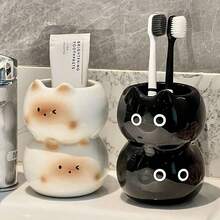 1 pieza Organizador de cerámica apilable con diseño de gato lindo - Multifuncional para brochas de maquillaje, bolígrafos o plantas pequeñas, diseños adorables en negro y beige para escritorio y tocador