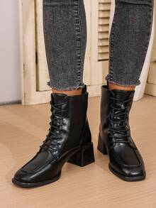 Ankle Boots For Petite Women, Thick Sole Increase Height, Leather Mid-Calf Lace-Up Boots, Versatile Minimalist Design High Heel Skinny Boots, Western Style Lace-Up, Autumn/Winter 2025 - Black - View 5