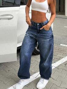 Plus Size Women's Vintage Casual Loose Straight Leg Jeans Spring - Dark Wash - View 5