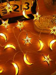 1串10颗LED灯珠，1.5米金色月亮星星LED灯串，节日活动派对装饰星光灯，电池供电室内房间装饰月亮星星灯，斋月装饰星光灯，卧室装饰月亮灯 - 五角星+月亮 - 查看 7