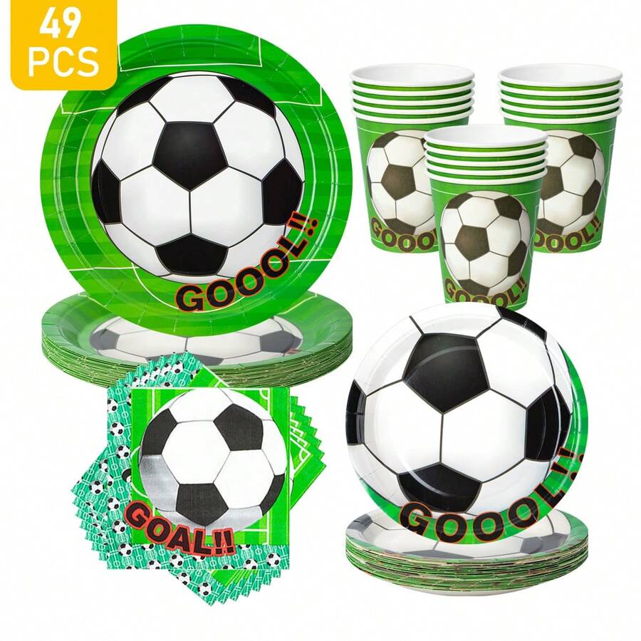 1 Set Of Green Soccer Themed Disposable Plates, Napkins And Cups, Serves 8 Guests, Suitable For Birthday, Wedding, Party, Family Picnic - Multicolor - View 1