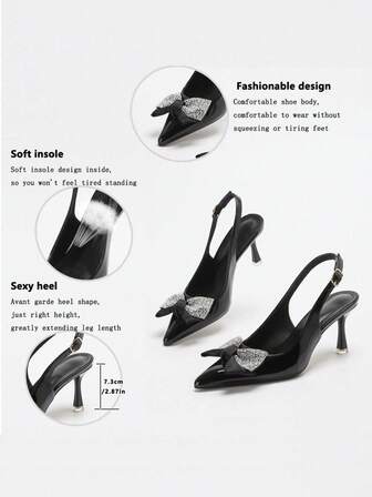 1双时尚优雅水钻蝴蝶结黑色漆皮尖头细跟踝带高跟凉鞋，适合派对、宴会及各种场合。