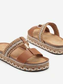 Boho Woven Platform Sandals Women Summer Beach Casual Comfortable Soft Flat Shoes - Camel - View 6