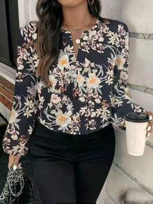 Elegantes Langarm-Hemd mit V-Ausschnitt und Blumenmuster in Große Größen, Lässig Regular Fit Bluse - Verschiedenfarbig - Übersicht 1