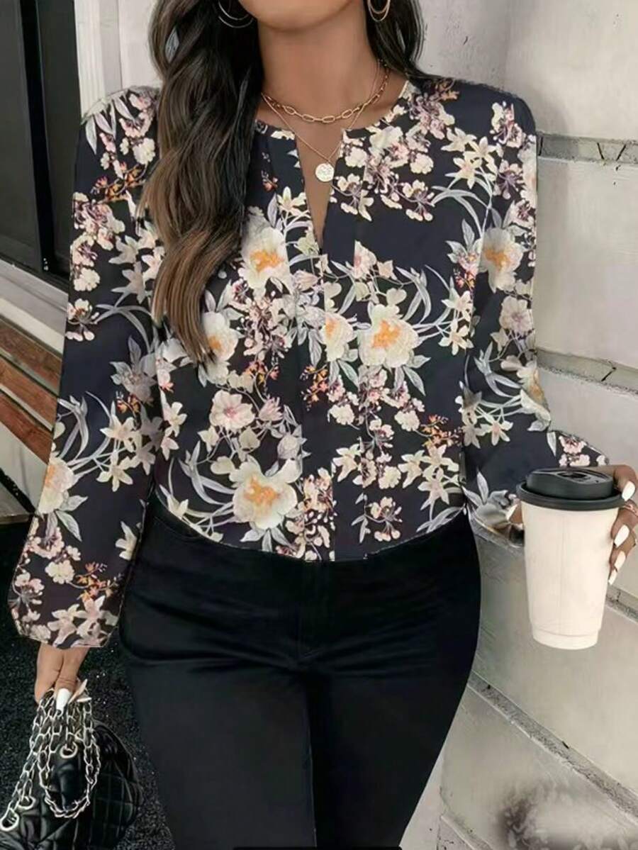 Elegantes Langarm-Hemd mit V-Ausschnitt und Blumenmuster in Große Größen, Lässig Regular Fit Bluse - Verschiedenfarbig - Übersicht 1