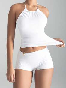 XLLAIS 女士四季皆宜性感无肩带基础款纯色弹力修身打结挂脖白色上衣 – 圣诞节和约会必备 - 白色 - 查看 6