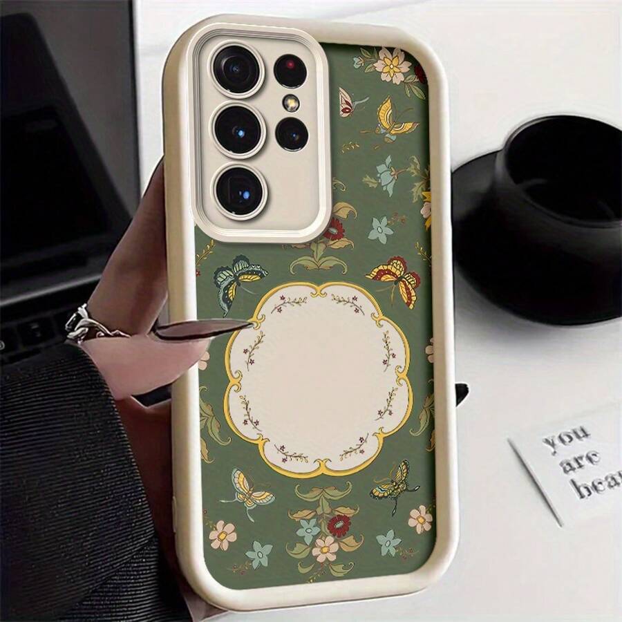 Funda de Teléfono con Patrón de Mariposa Floral Retro Verde Oscuro| Durable y a prueba de golpes con diseño de borde suave.| Compatible con Galaxy S21 Ultra / Galaxy S21 Ultra 5G / Galaxy S22 Ultra 5G / Galaxy S23 Ultra / Galaxy S24 Ultra / Galaxy S25 Ultra - Colores mixtos - Ver 1