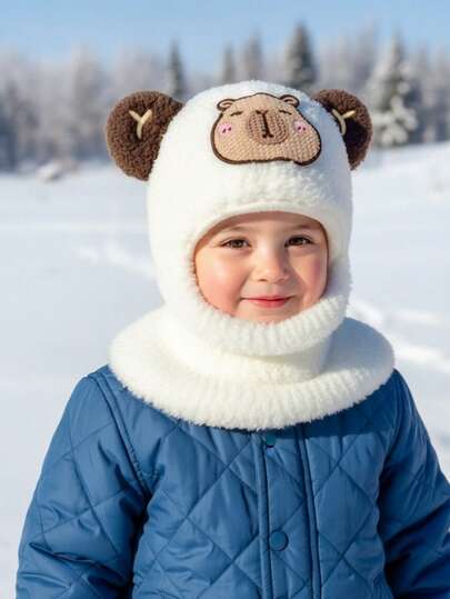 1pc Toddler Boys' Cartoon Thermal-Lined Earflap Beanie Hat With Scarf, Warm Winter Knit Hat For Baby