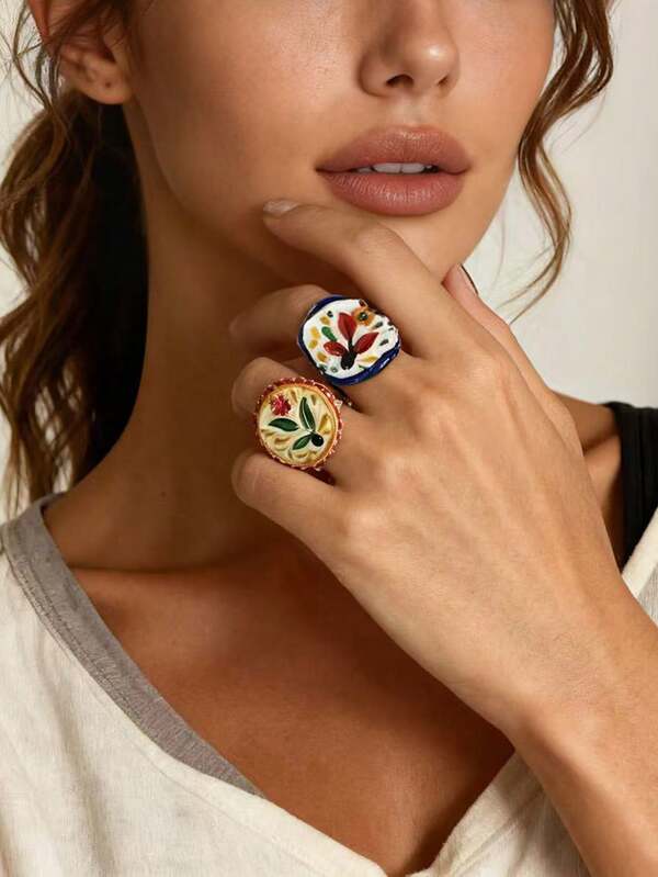 1pc Vintage Chic Versatile Alloy Drip Oil Floral Print Open Ring, & Elegant Daily Wear For Women