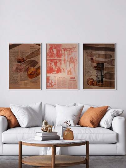 3 Pieces Vintage Newspaper Wall Art Posters Retro Fashion Canvas Pictures Wine Glass Art Print Hanging Paintings Home Aesthetic Decor Living Room Bedroom Apartment Decoration No Frame