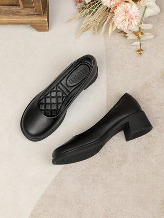 女士黑色圆头厚底中跟鞋，粗跟鞋，舒适不累脚的工作鞋，优雅休闲百搭纯色高跟鞋，适合工作和通勤。