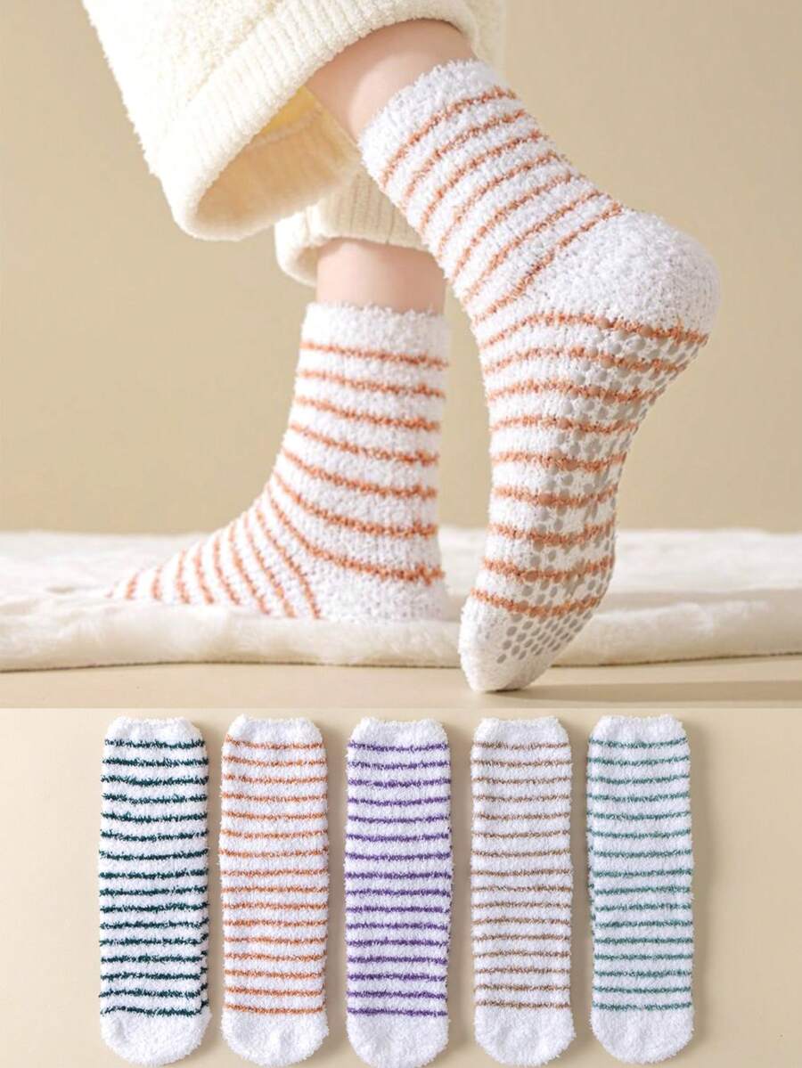 Random 1/3 Pairs Women's Striped Coral Fleece Socks With Anti-Slip Silicone Maple Leaf Pattern Floor Socks, Warm And Comfortable Soft Home Socks, Suitable For Indoor Wear In Winter - Multicolor - View 1