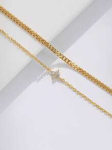 Nooxian 2pcs/Set Women Anklet Set, Boho Summer Beach Vacation Stacking Style, Copper Inlaid Zirconia Four-Leaf Clover Pendant Golden Electroplated Hollow Chain Curb Chain Double Layer Anklet Accessory Gift - Yellow Gold - View 3