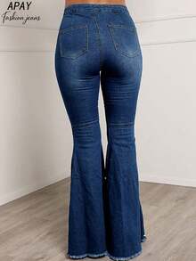 Women's Single-Breasted Skinny Flare Jeans - Faux Pearl Decor - Fashionable Fitted - Women's Spring Clothing - Dark Wash - View 4
