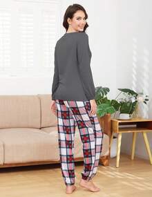 ¡RecomendadoConjunto de Pijama Mujer Algodón Manga Larga y Pantalones con Bolsillo 2 Piezas Pijama Bordar Casual Ropa de Dormir¡Top de Temporada - Negro - Ver 5