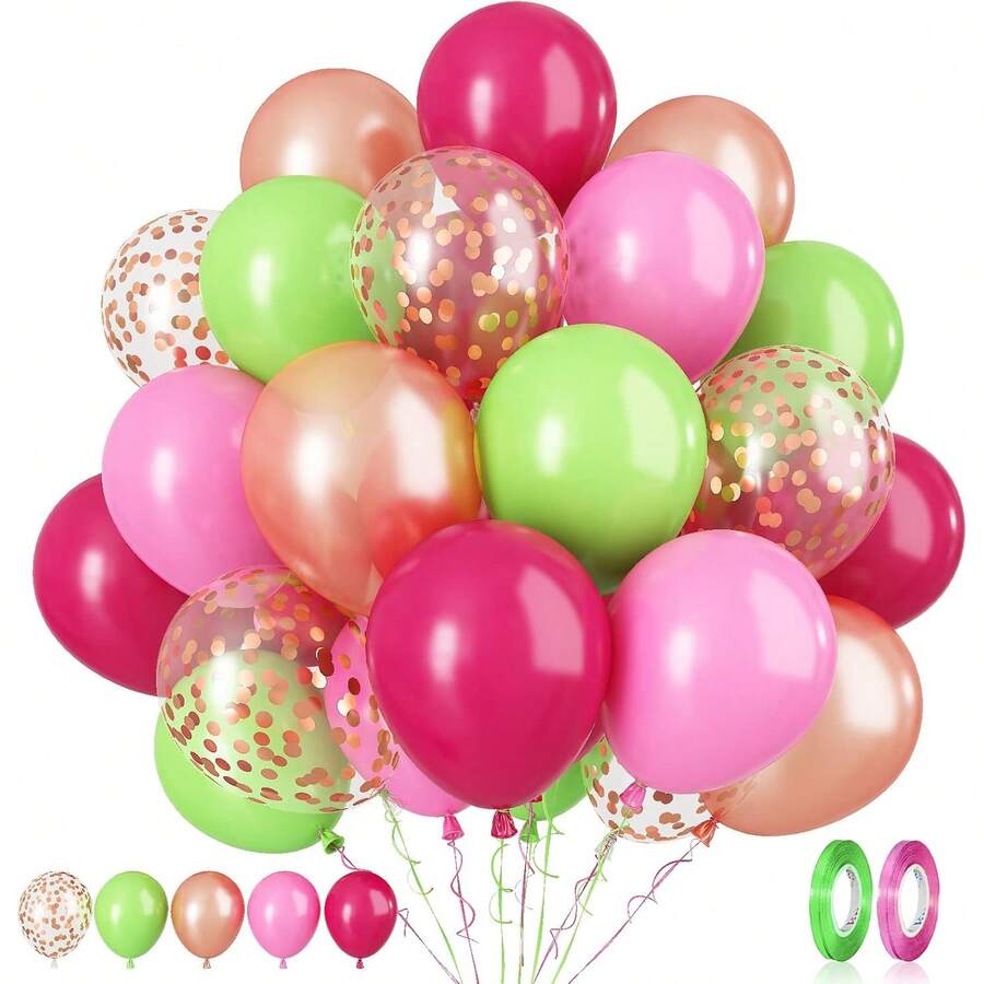 12 Inch Tropical Party Green Pink Balloons, Set Of 31/56/87/122, Green, Rose Red,Aluminum Foil Confetti Balloons, Suitable For Hawaiian Hula Dance Theme, Flamingo Theme Birthday, Babyparty, Wedding Anniversary, Graduation, Baptism Party Decoration