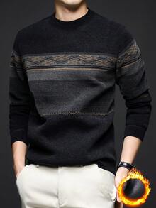 Men's Blue Striped Chenille Knitted Sweater, Thermal Lined, Thick For Winter - Black - View 3