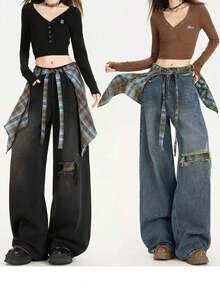 New Plaid One-Piece Waist Skirt With Decorative Drawstring, Unisex High Waist Tie-Up Versatile Skirt With Ruffle Hem Design, Suitable For Matching Family Outfits, Autumn/Winter