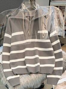 秋冬新款拉链女条纹针织毛衣，时尚高端简约套头衫，百搭