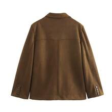 TRAFZA 女士麂皮西装外套，休闲法式设计，时尚单排扣上衣 - 棕色 - 查看 10