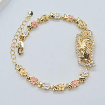 1pc Elegant St. Jude Virgin Mary Floral Bracelet, Embedded Synthetic Cubic Zirconia, Daily/Party Accessory, Prayer Blessing Gift, Religious Jewelry, Perfect For Christmas, Easter, Valentine's Day, Her Birthday