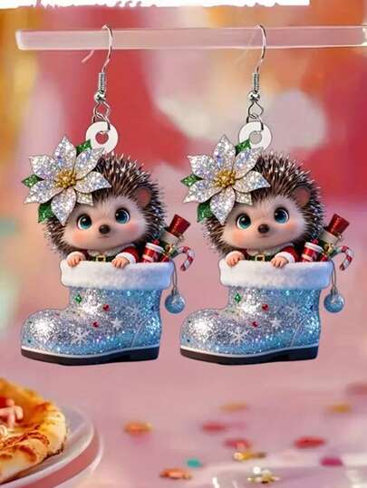 2 pares de pendientes de bota navideña, pendientes planos de erizo de dibujos animados, regalo de Navidad, adecuado para que las mujeres los usen durante las vacaciones