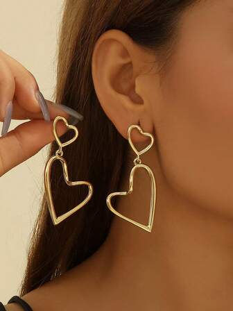 1对/2件装极简镂空心形不对称耳钉及长款心形吊坠复古耳环，女士饰品