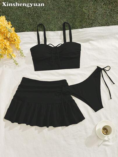3pcs/Set Christmas,New Year's,Valentine's Day Costumes,Slimming Solid Color, Sexy,European And American Fashion,Wave Hem,Ruffle Hem Ruched Short Skirt,Detachable Swimwear Pad,Adjustable Shoulder Straps,Festive Outfit,Cute And Soft Casual Outing Seaside Beach Party Luxury Bikini Set