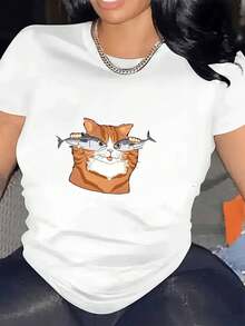 Camiseta Gráfica blanca para Mujer - Manga Corta y Cuello Redondo, Diseño de Gato y Pez, 100% algodón Ligero, Ideal para Verano y Primavera - Blanco - Ver 2