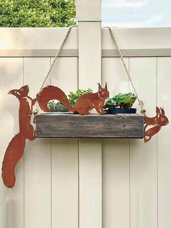 3件套锈迹斑斑的金属松鼠雕塑，可作装饰花园树桩、庭院围栏装饰或乔迁节日礼物