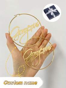A Pair Of Custom-Made Large Name Hoop Earrings, Personalized, Simple And Stylish Name Earrings, Women's Earrings, Gold And Silver Earrings, Stainless Steel Round Hoop Earrings, Name Customization, Women's Popular Jewelry, Christmas Gift, Gift For Girlfriend, Birthday Gift And Anniversary Gift. - Multicolor - View 5