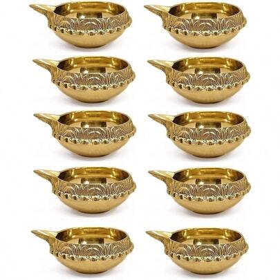 SATVIK Set Of 10 Beautiful Pure Brass Kuber Diya For Diwali Handcrafted Hindu Puja Diya Festive Home Decor Traditional Oil Lamp For Pooja And Gifting
