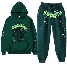Y2K SP5 55555 Print Unisex Spider Web Letter Print Jogger Pants Sweatshirt Hoodie Fleece Sweatshirt Sports Set - màu xanh lá - Xem 1
